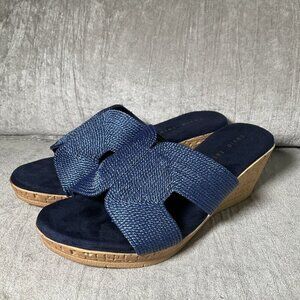 David Tate Vibe Wedge Heeled Sandals Navy Blue Rayon Sz 9.5 WIDE Vacation Comfy